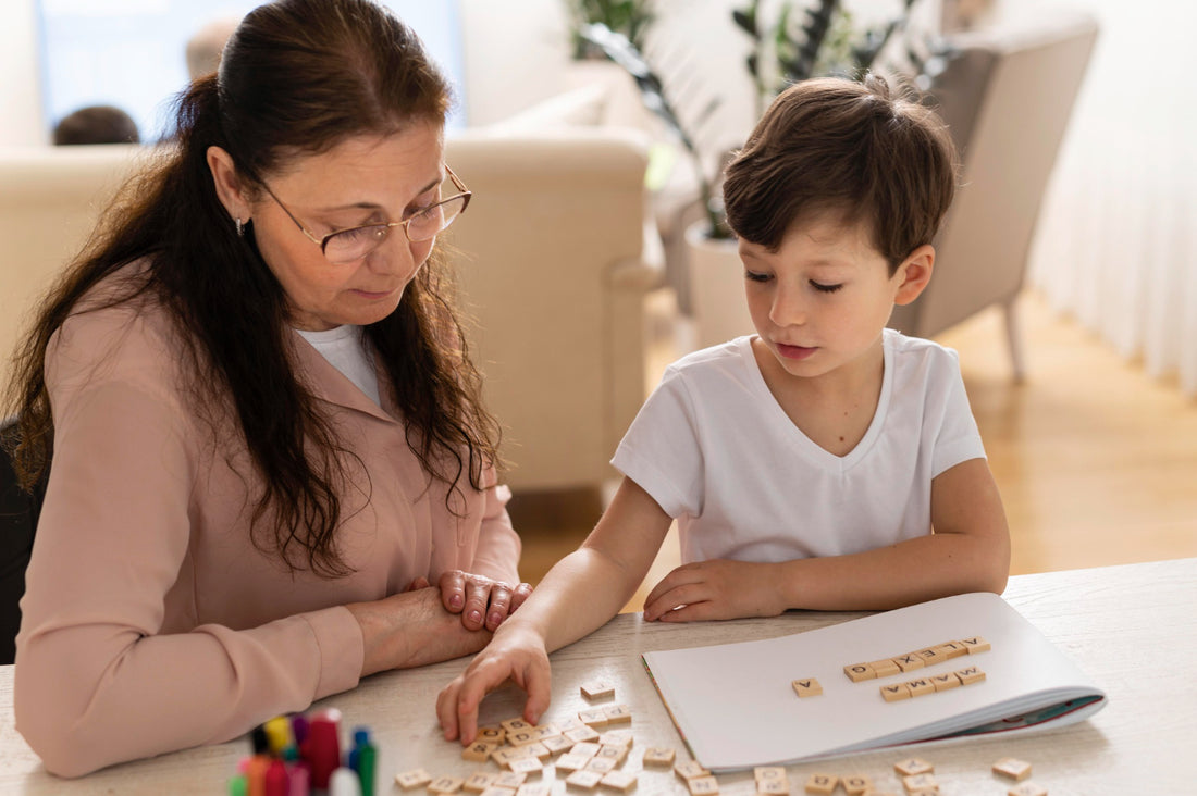 Grandmother helping her grandson with special educational needs