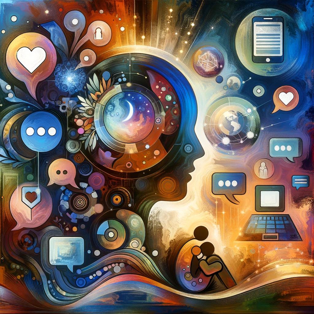 Abstract illustration showing a harmonious blend of traditional counseling and digital technology for youth emotional support, featuring comforting human presence and digital communication symbols