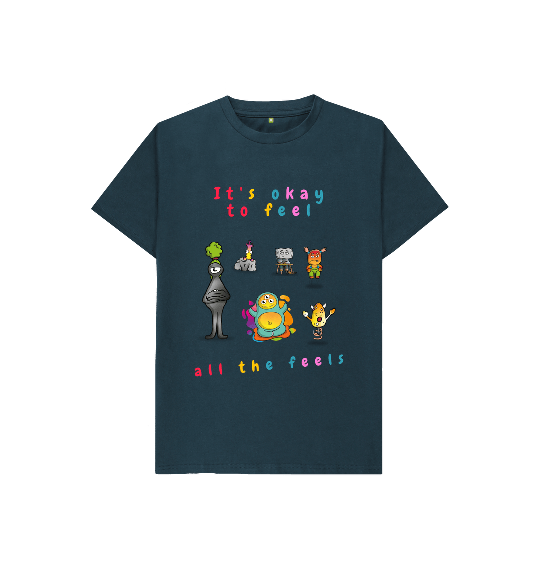 Denim Blue Organic Cotton It's Okay to Feel all the Feels Graphic Mental Health Children's T-Shirt