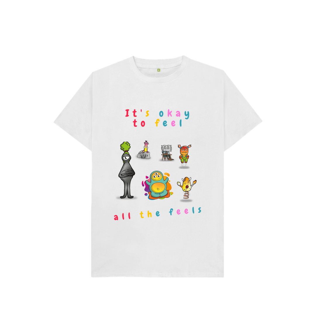 White Organic Cotton It's Okay to Feel all the Feels Graphic Mental Health Children's T-Shirt