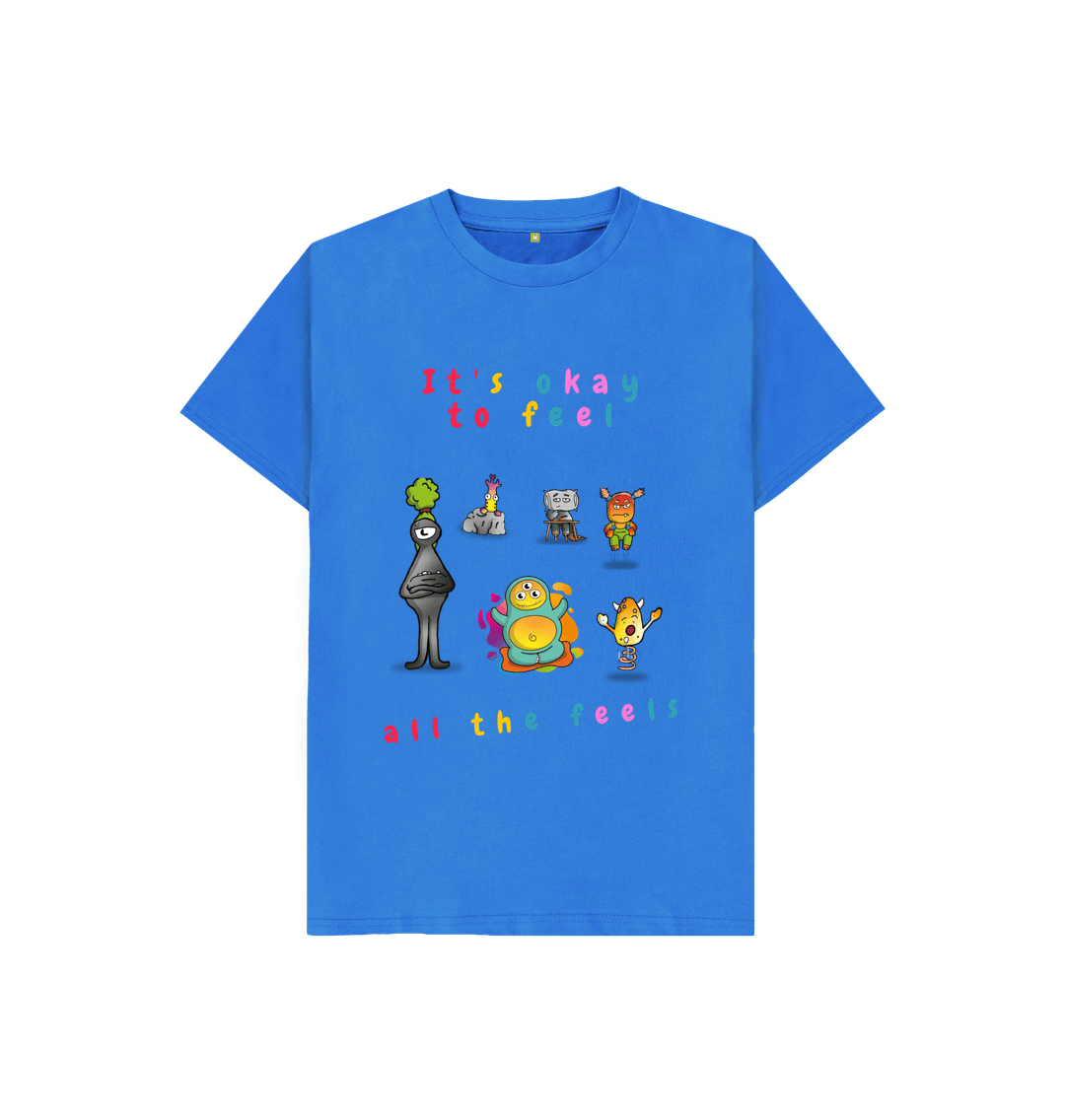 Bright Blue Organic Cotton It's Okay to Feel all the Feels Graphic Mental Health Children's T-Shirt