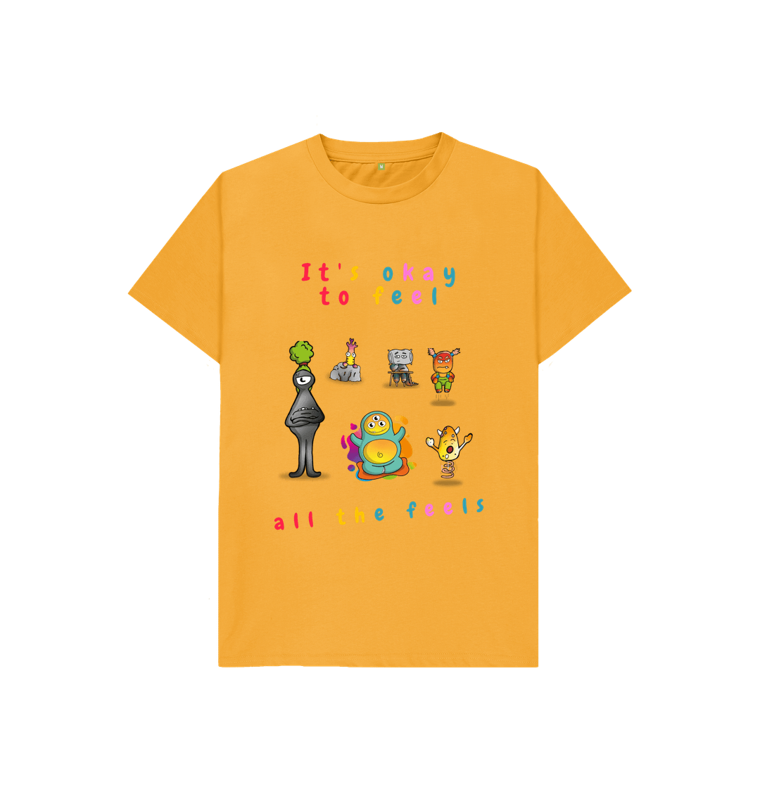 Mustard Organic Cotton It's Okay to Feel all the Feels Graphic Mental Health Children's T-Shirt