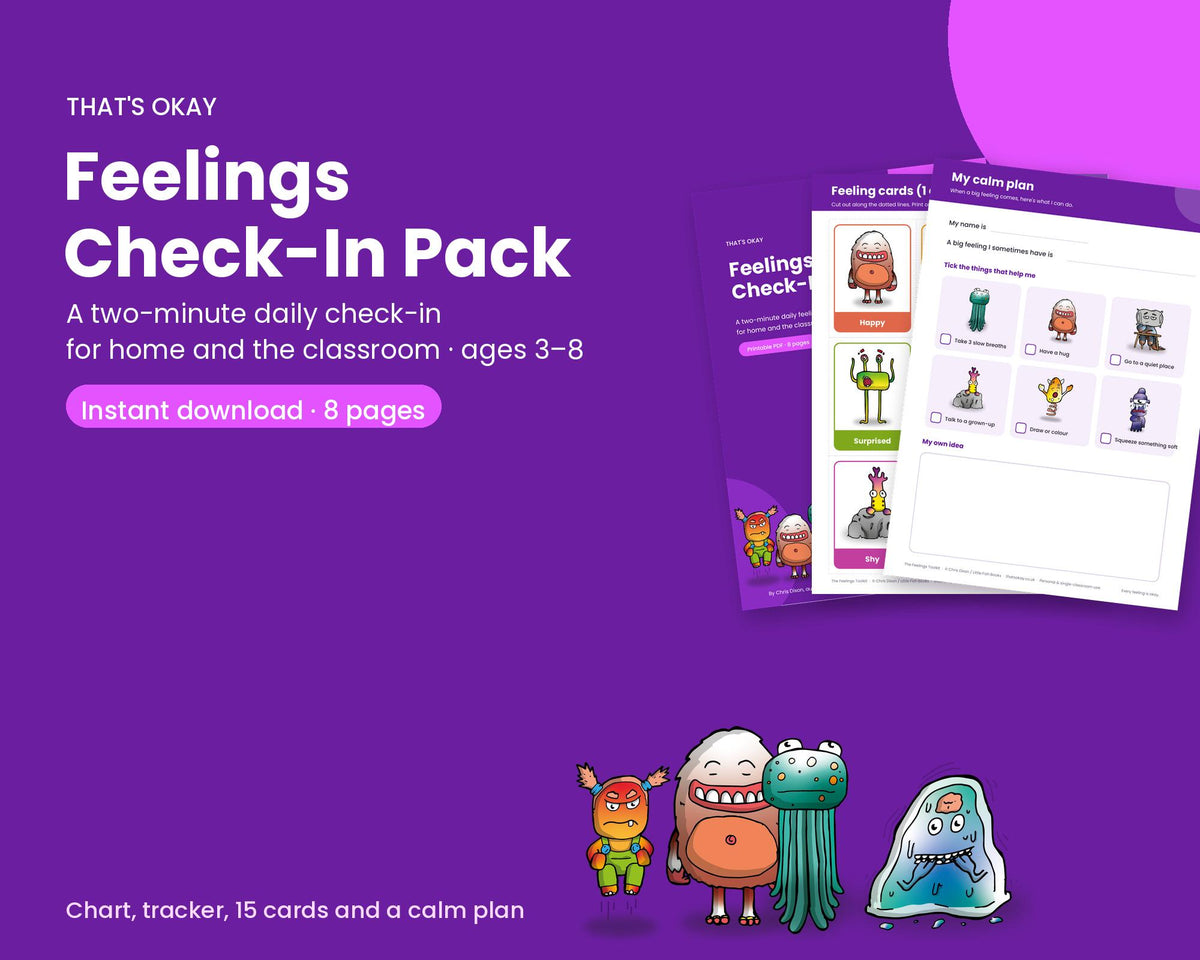 Feelings Check-In Pack printable for kids with the That's Okay feelings creatures