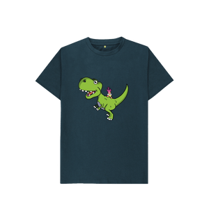 Denim Blue Organic Cotton Shy-nosaur Dinosaur Graphic Only Mental Health Children's T-Shirt