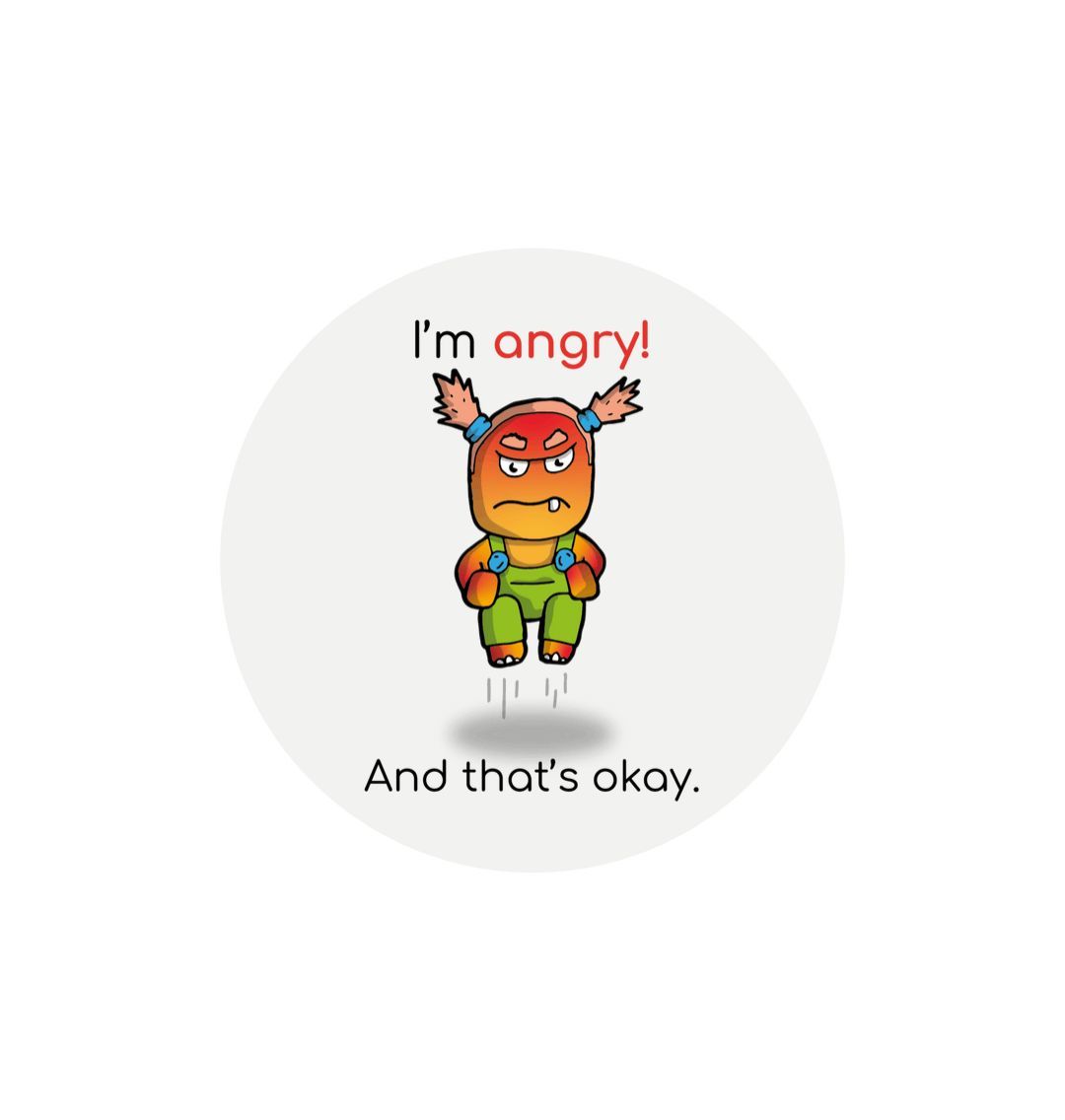 White \"I'm angry! And that's okay!\" Round Children's Emotions Sticker 60mm x 60mm