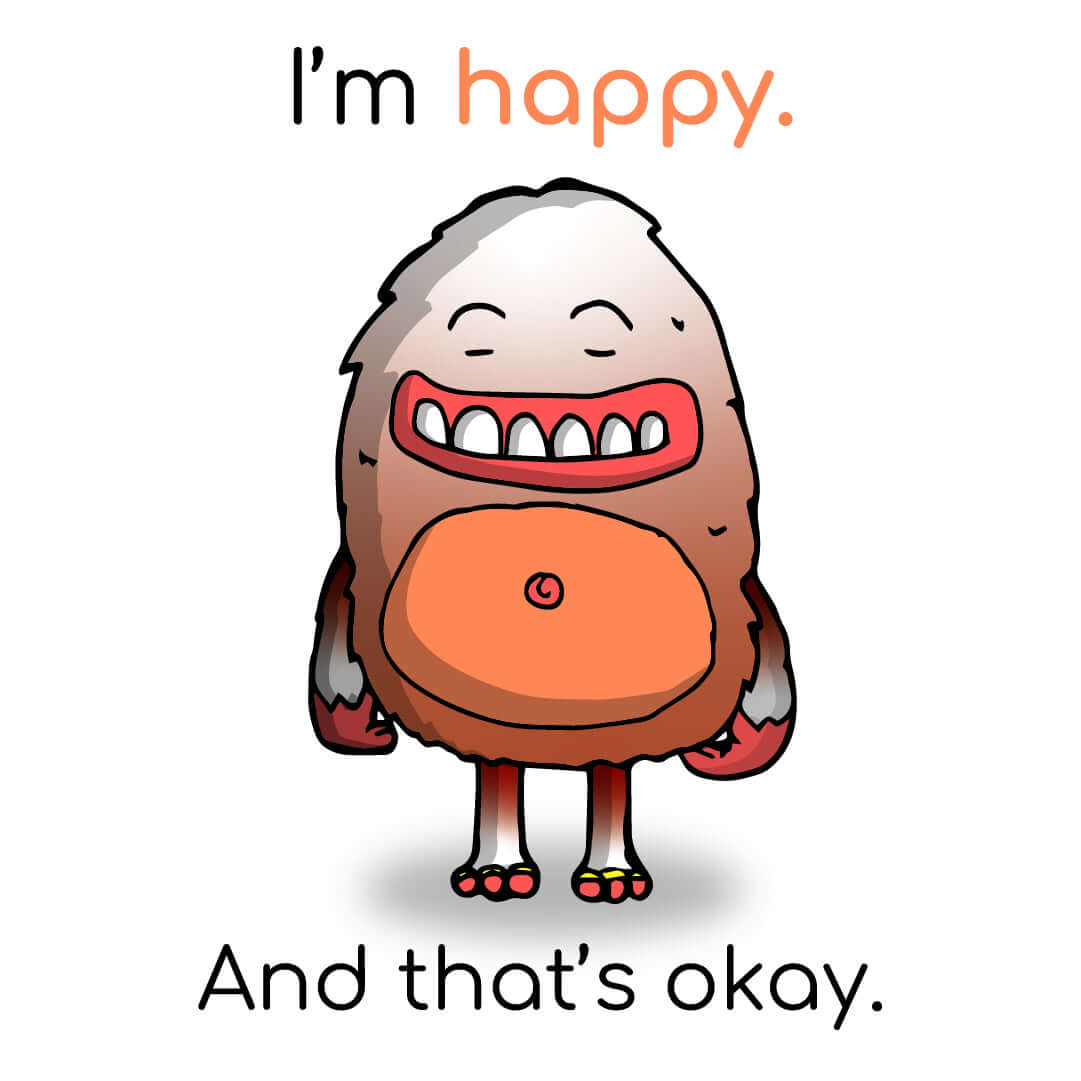 An image of one of the pages inside the children's mental health book, showing the character Happy and saying it is okay to feel happy.