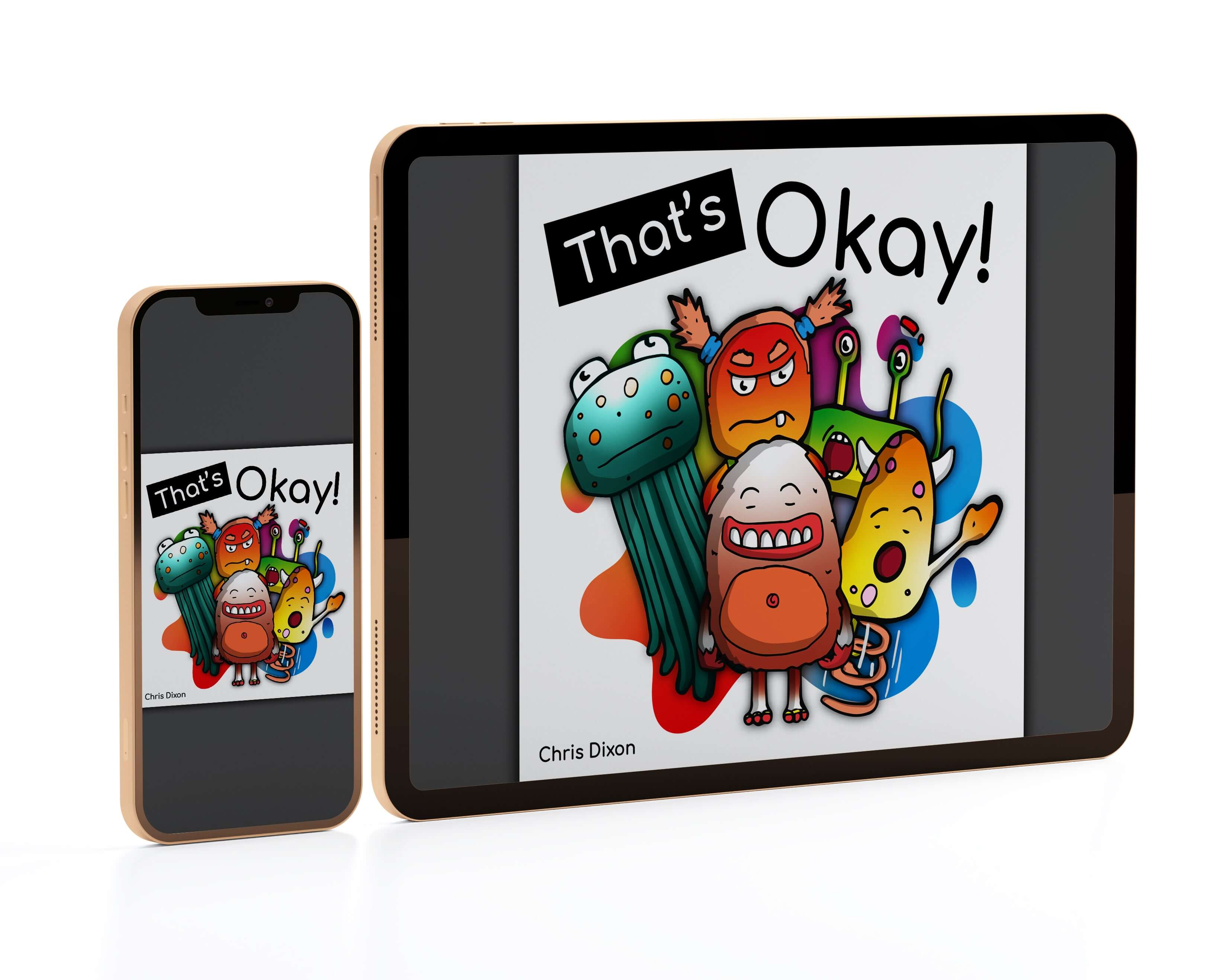 Digital tablet and smartphone render showing the That's Okay children's feelings eBook