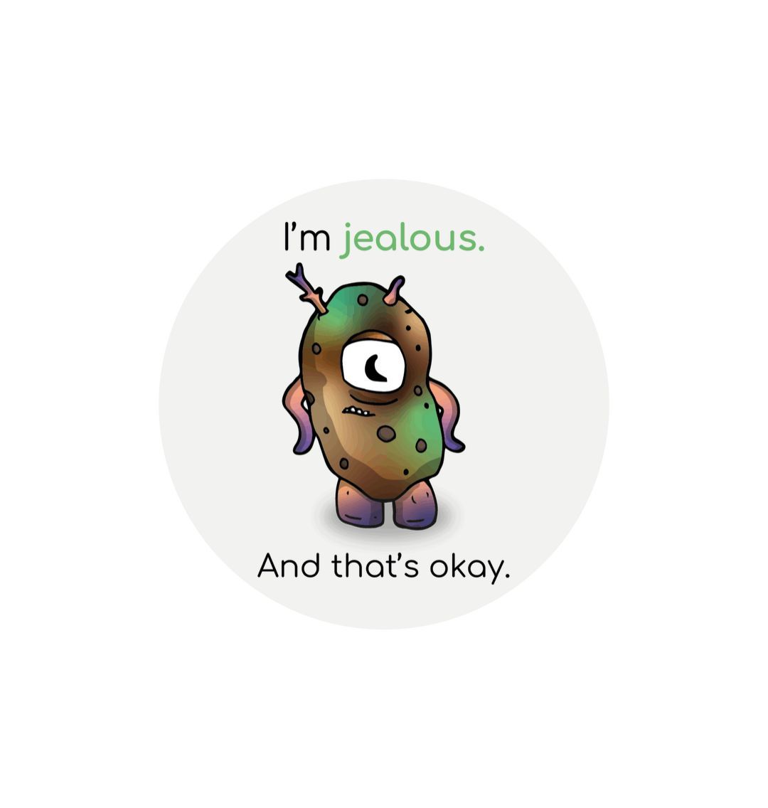 White \"I'm jealous. And that's okay!\" Round Children's Emotions Sticker 60mm x 60mm